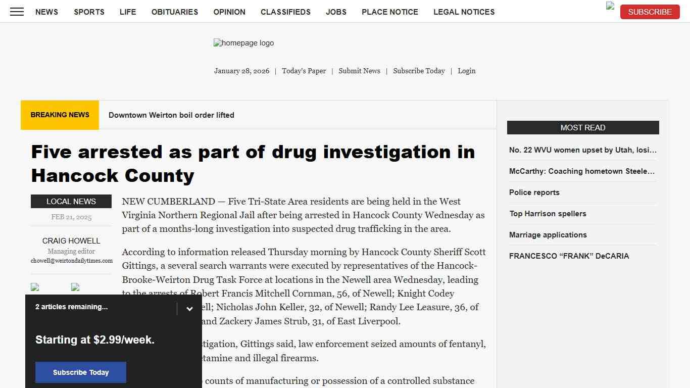 Five arrested as part of drug investigation in Hancock County News, Sports, Jobs - Weirton Daily Times